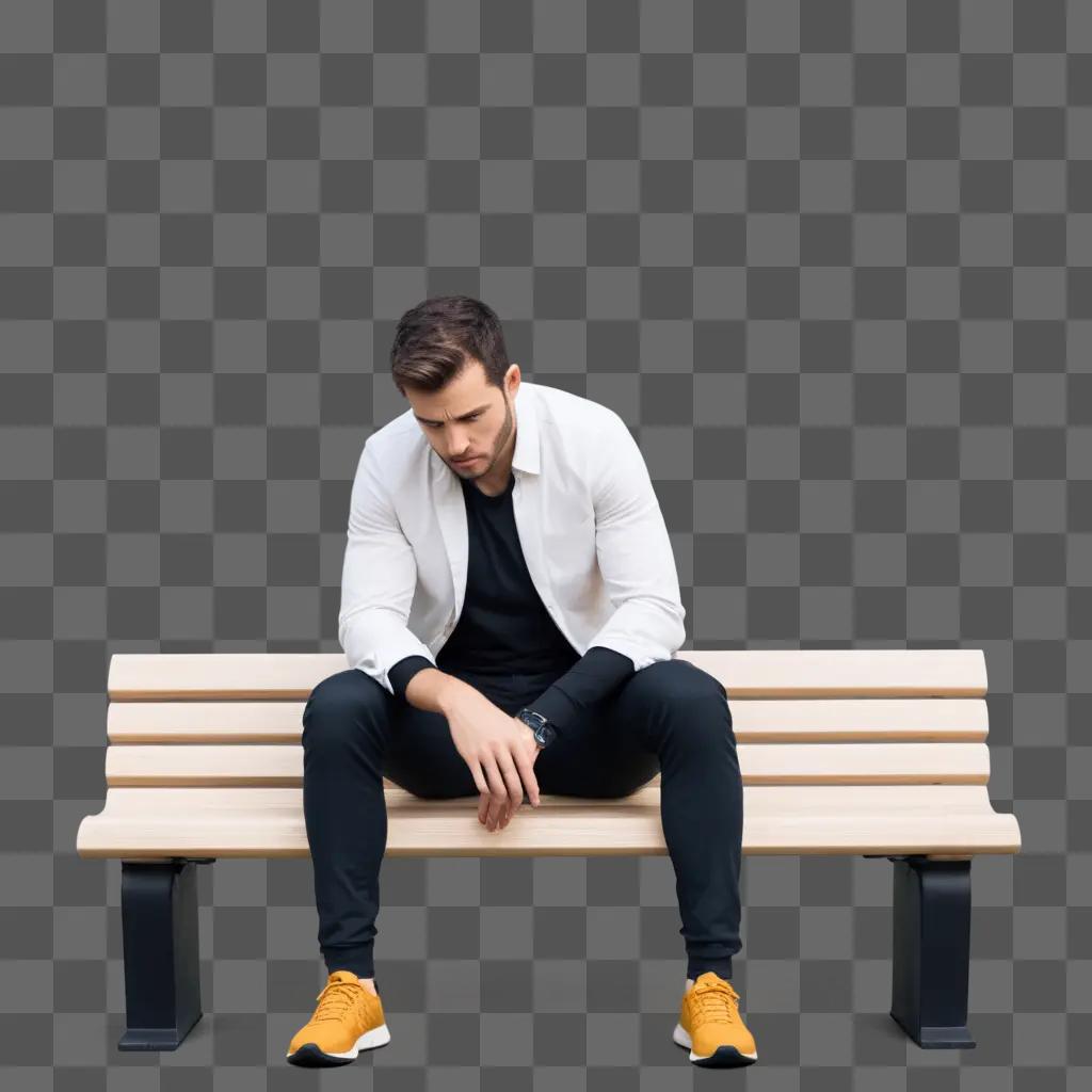 man with an anxious expression sits on a bench