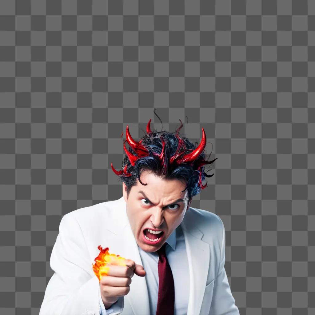 man with horns and a red tie, makes a threatening gesture