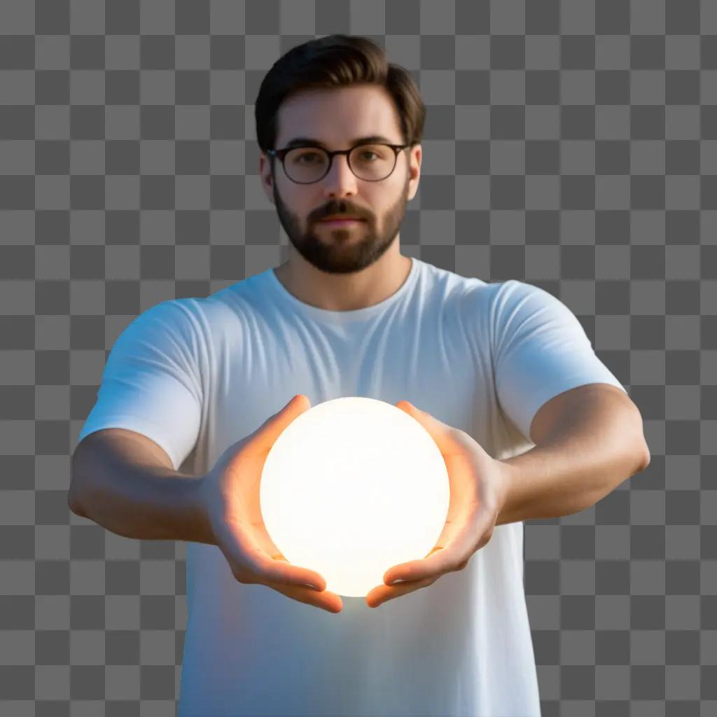 man with transparent eyes holds a glowing orb