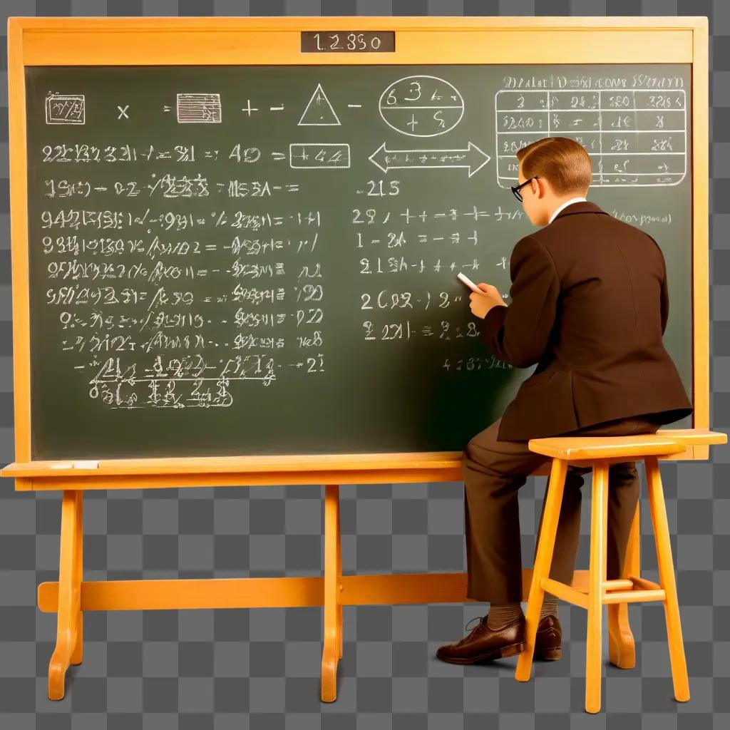 man writes on a chalkboard with a pencil