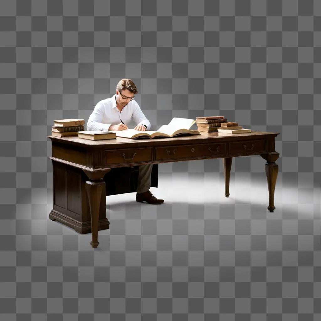 man writing at a desk with books