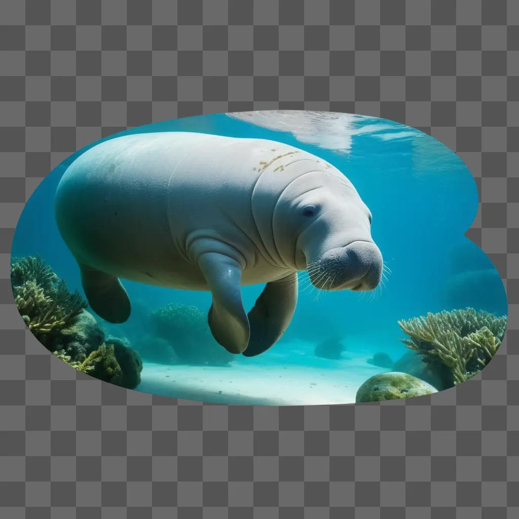 manatee swims near a coral reef in a pool