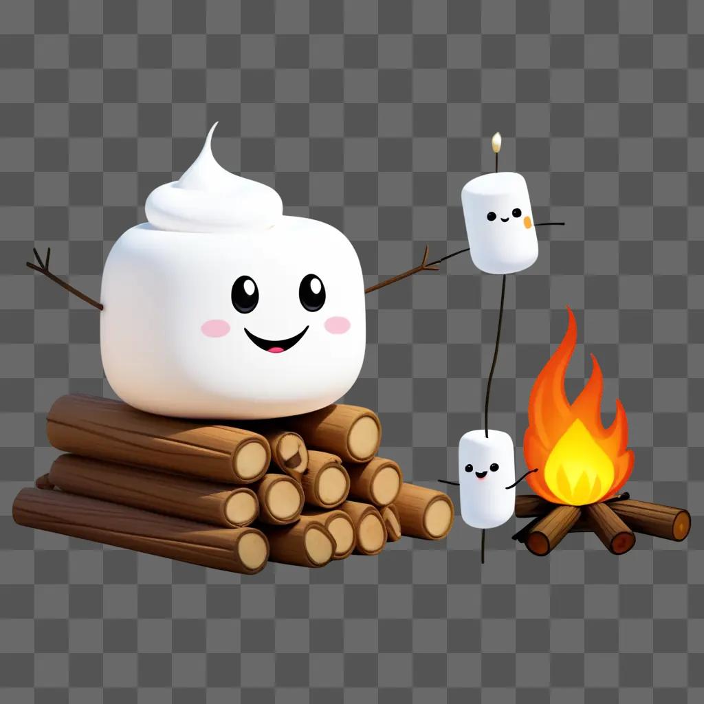 marshmallow is on a pile of logs and is next to a fire