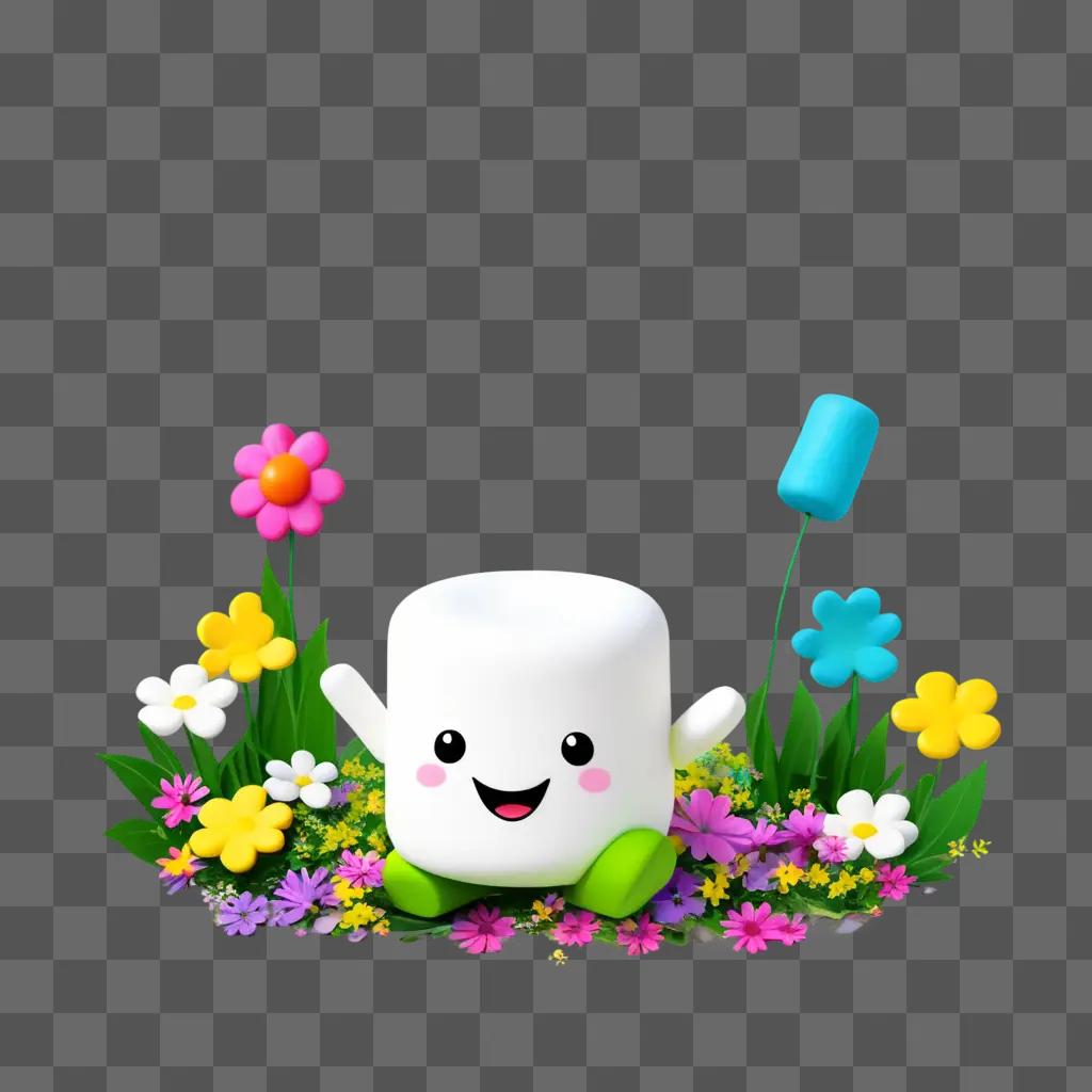 marshmallow sits in a field of flowers