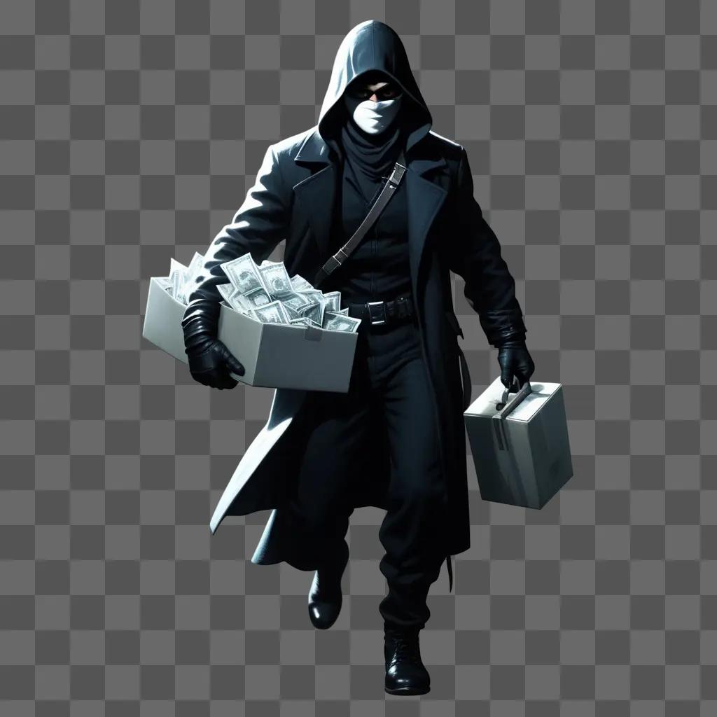 masked thief carrying money in a box