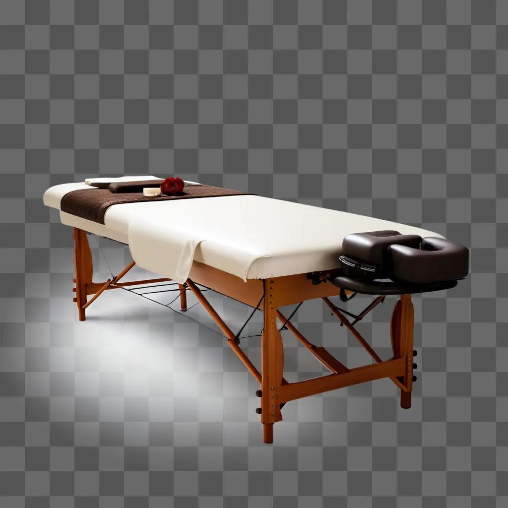 massage table with a wooden frame and white cloth