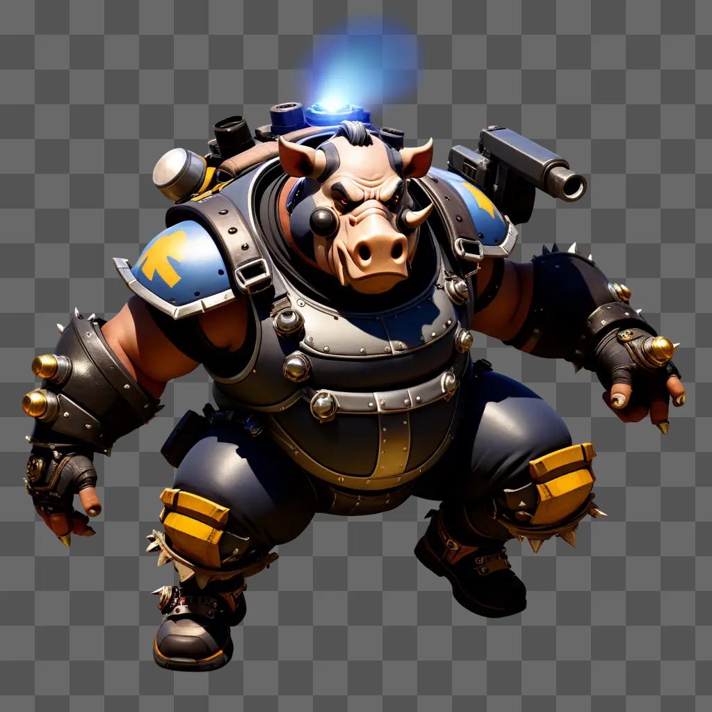 mechanical Roadhog in a suit with a blue light