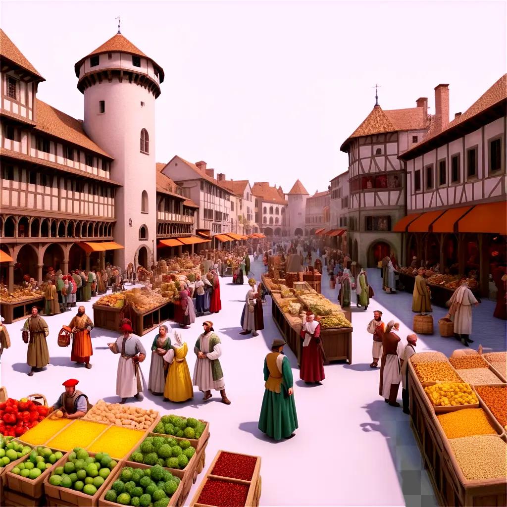 人々が物を作ったり売ったりする中世の市場