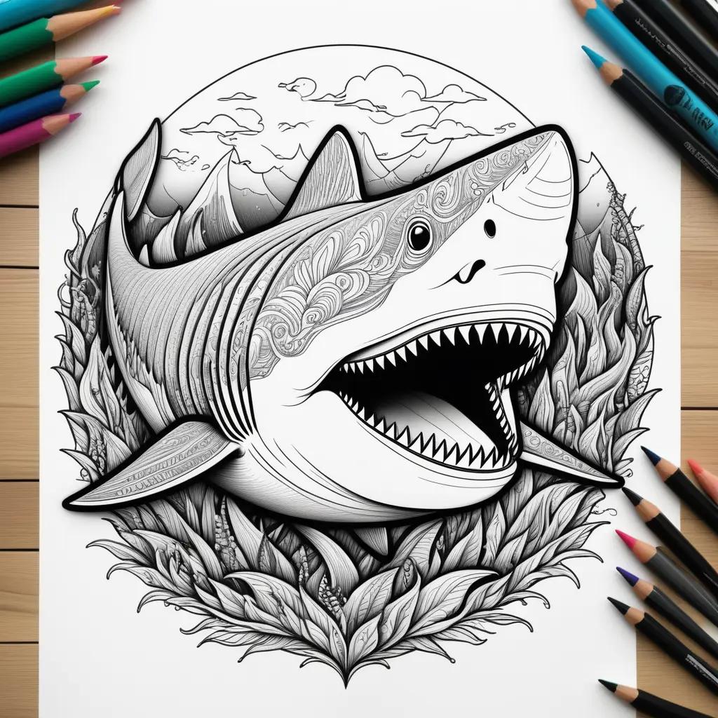 megalodon coloring page with a shark mouth open