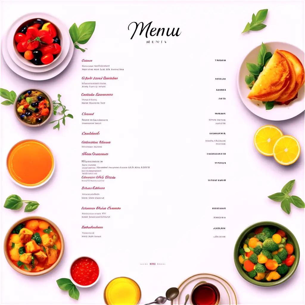 menu with food items and writing on it