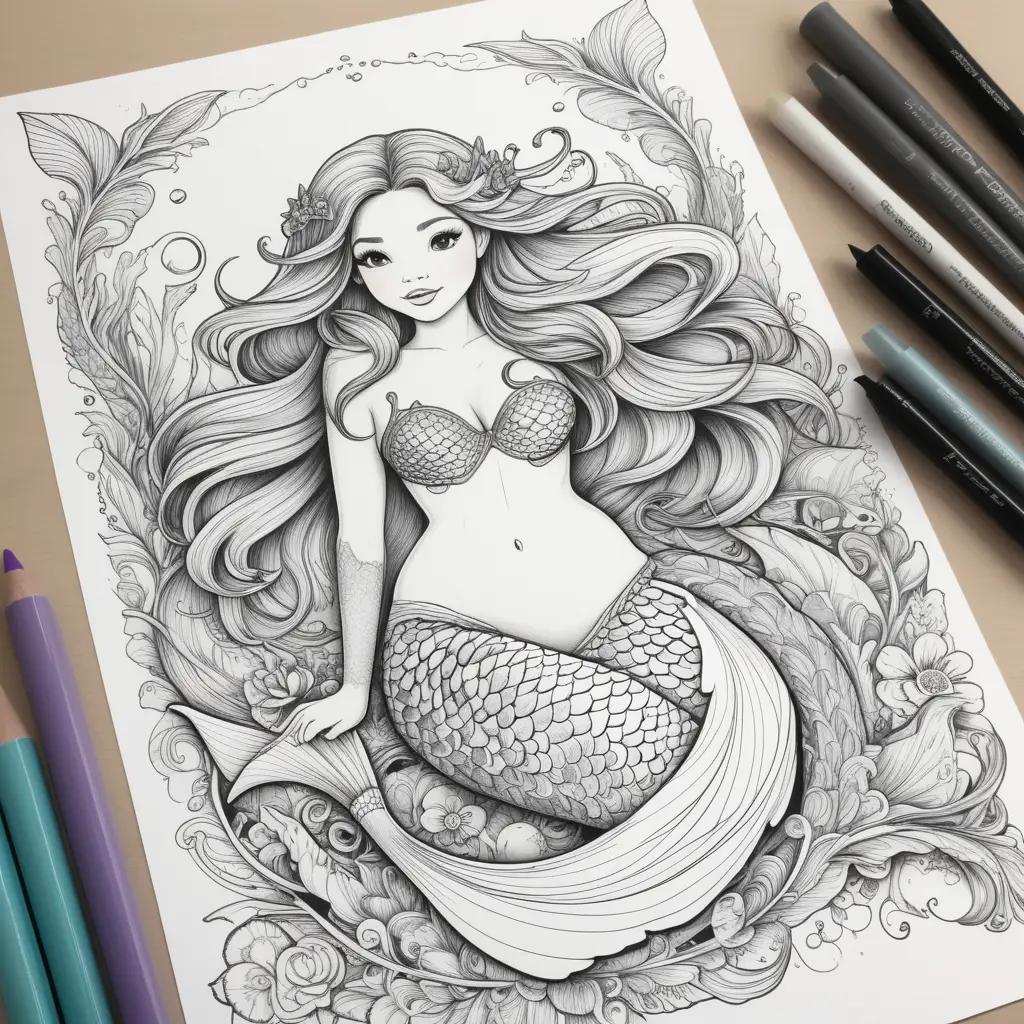 mermaid color page with various colors and pencils