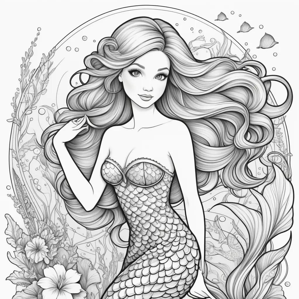 mermaid coloring page with a mermaid and other sea creatures