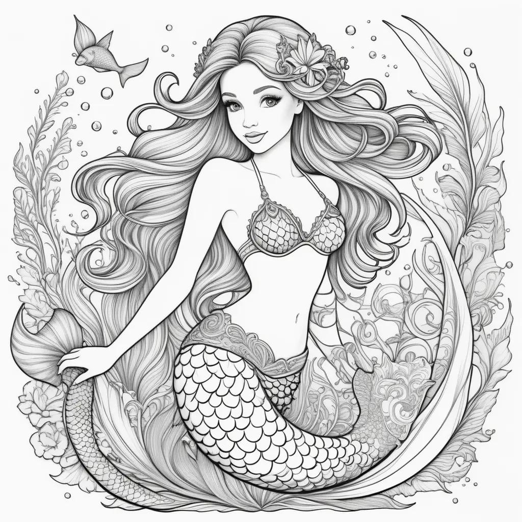 mermaid coloring page with black and white lines