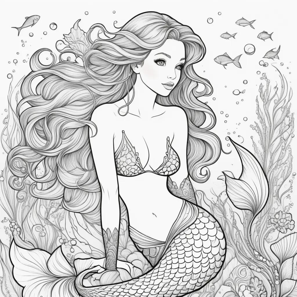 mermaid in black and white color page