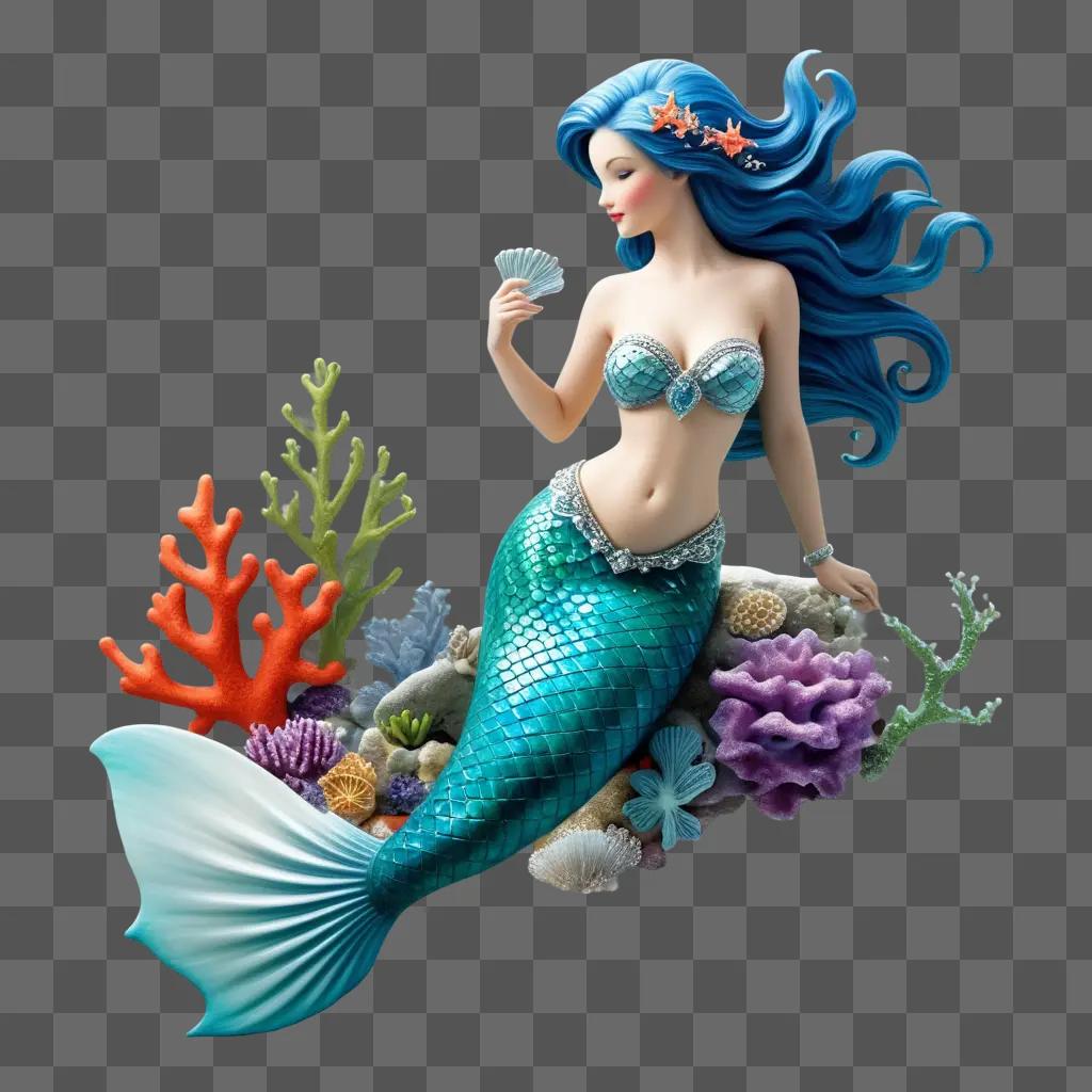 mermaid with blue hair and a coral background