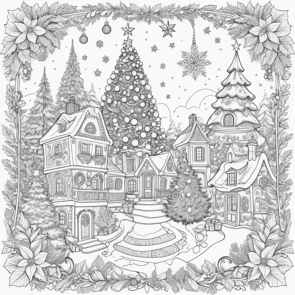 merry Christmas coloring page with a tree and houses