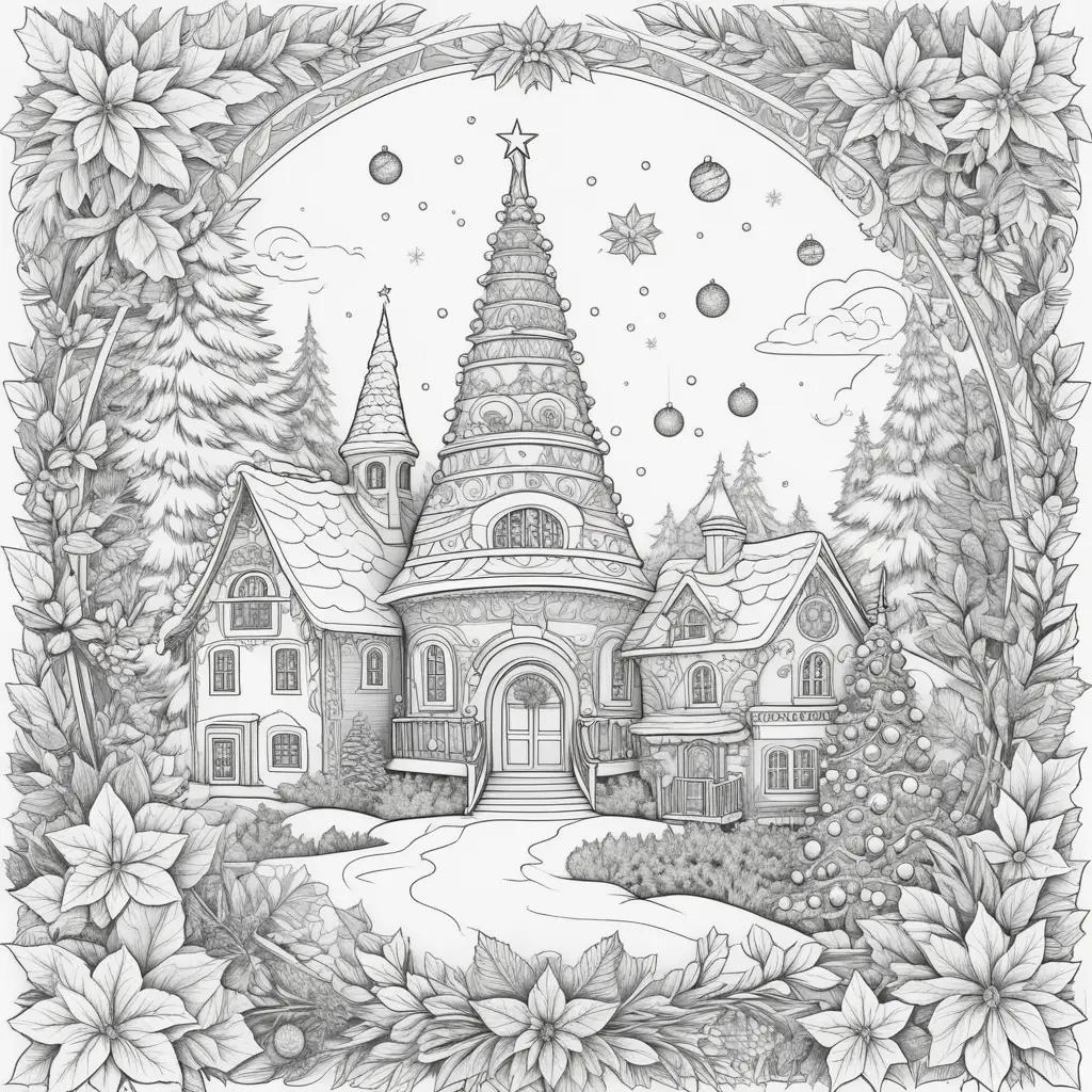 merry christmas coloring page with trees, houses, and ornaments