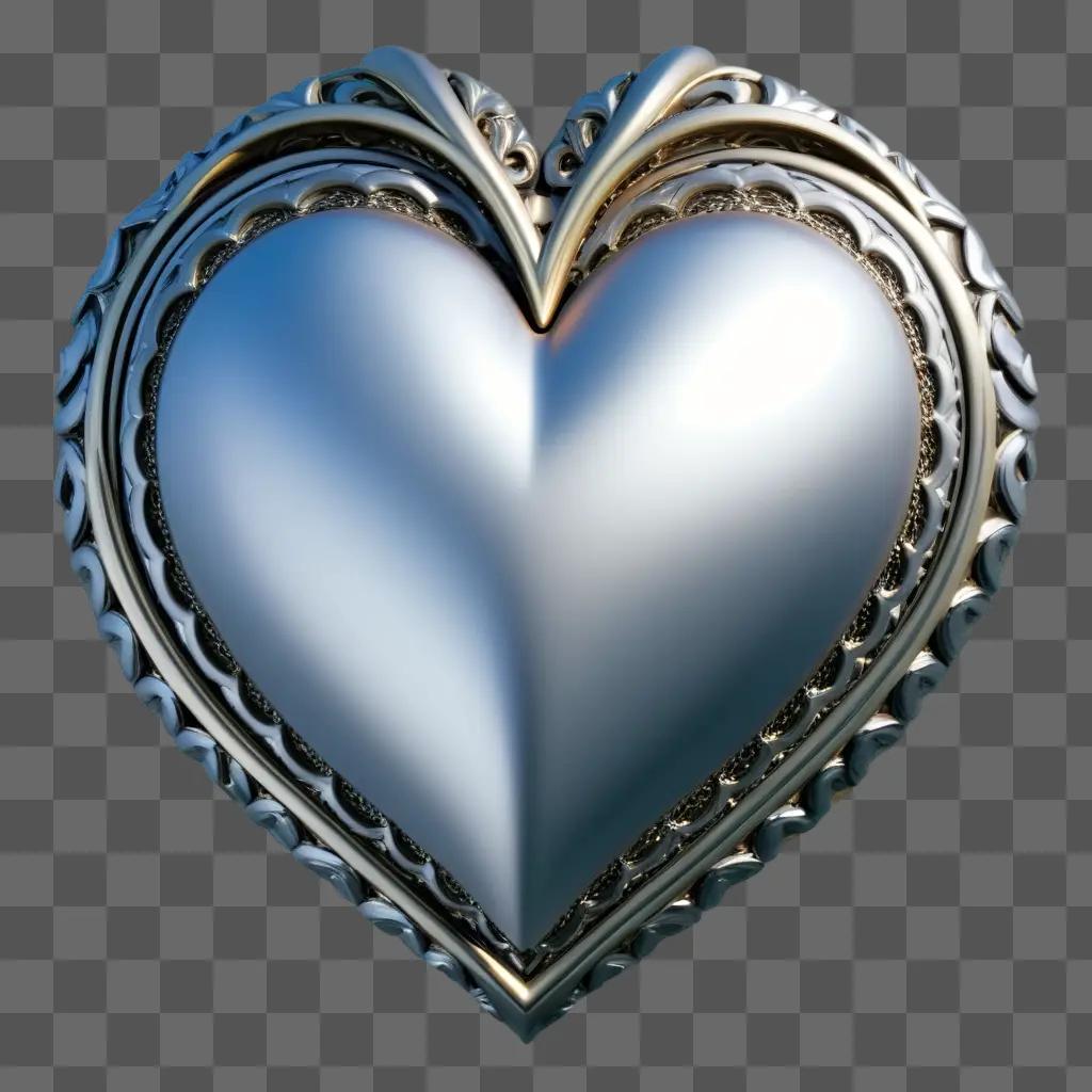 metallic heart shaped object sits on a grey background