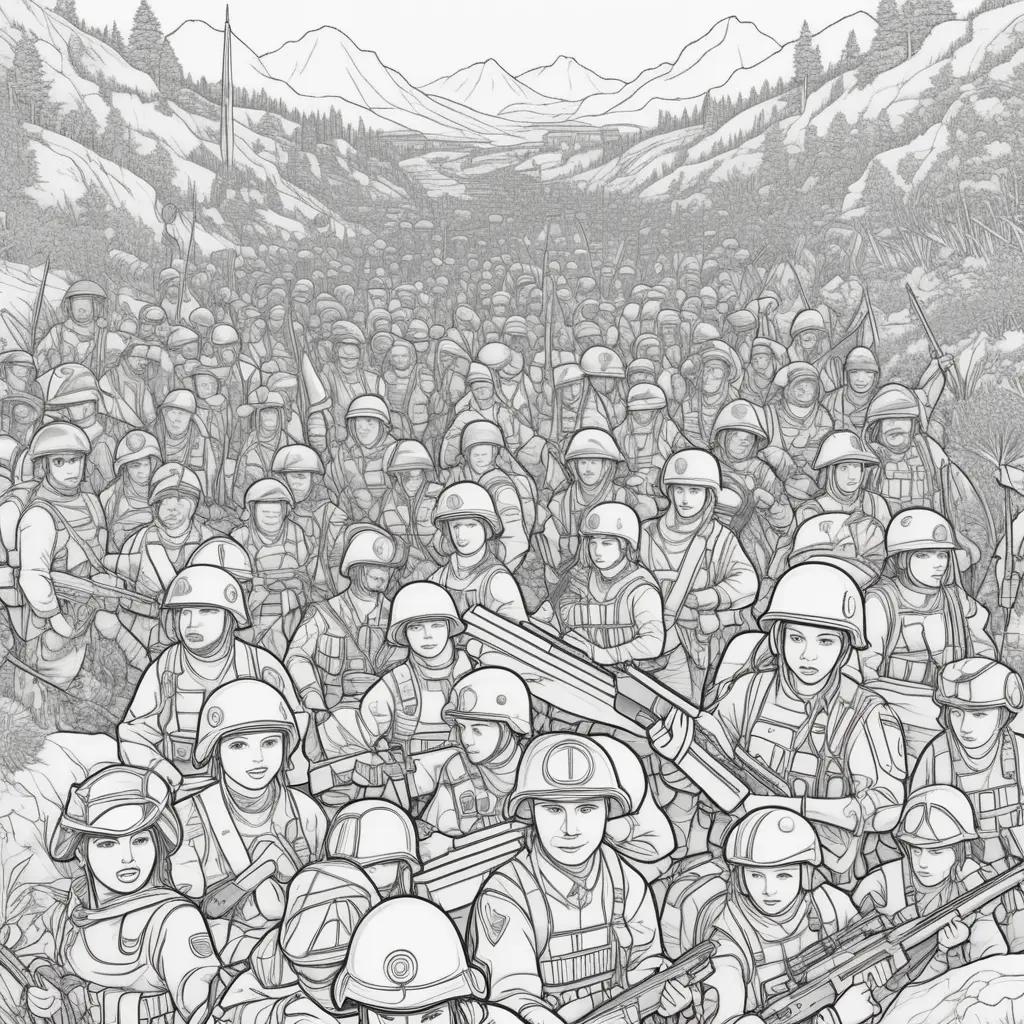 mies Coloring Pages features a black and white illustration of a large group of soldiers