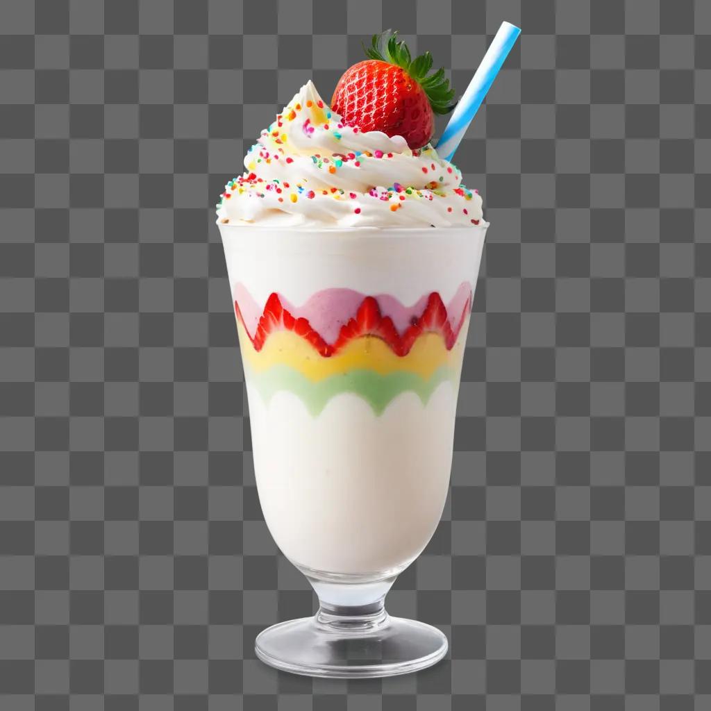 milkshake with rainbow sprinkles and a strawberry on top