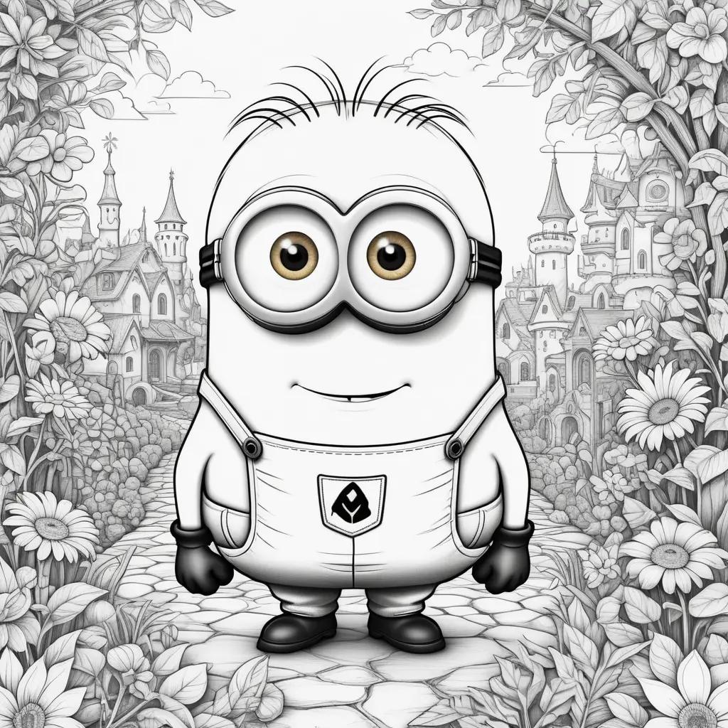 minion coloring page with a castle in the background