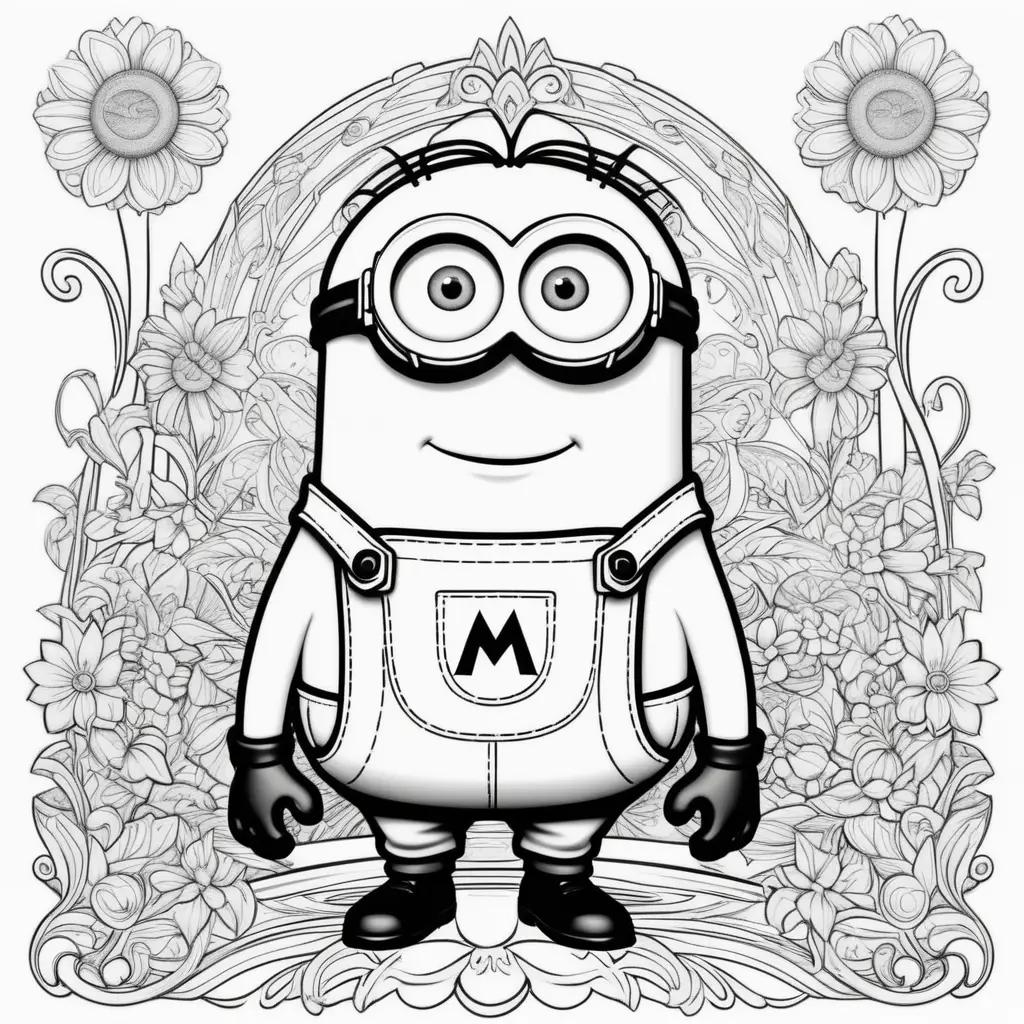 minion coloring page with a floral background and a smiling minion