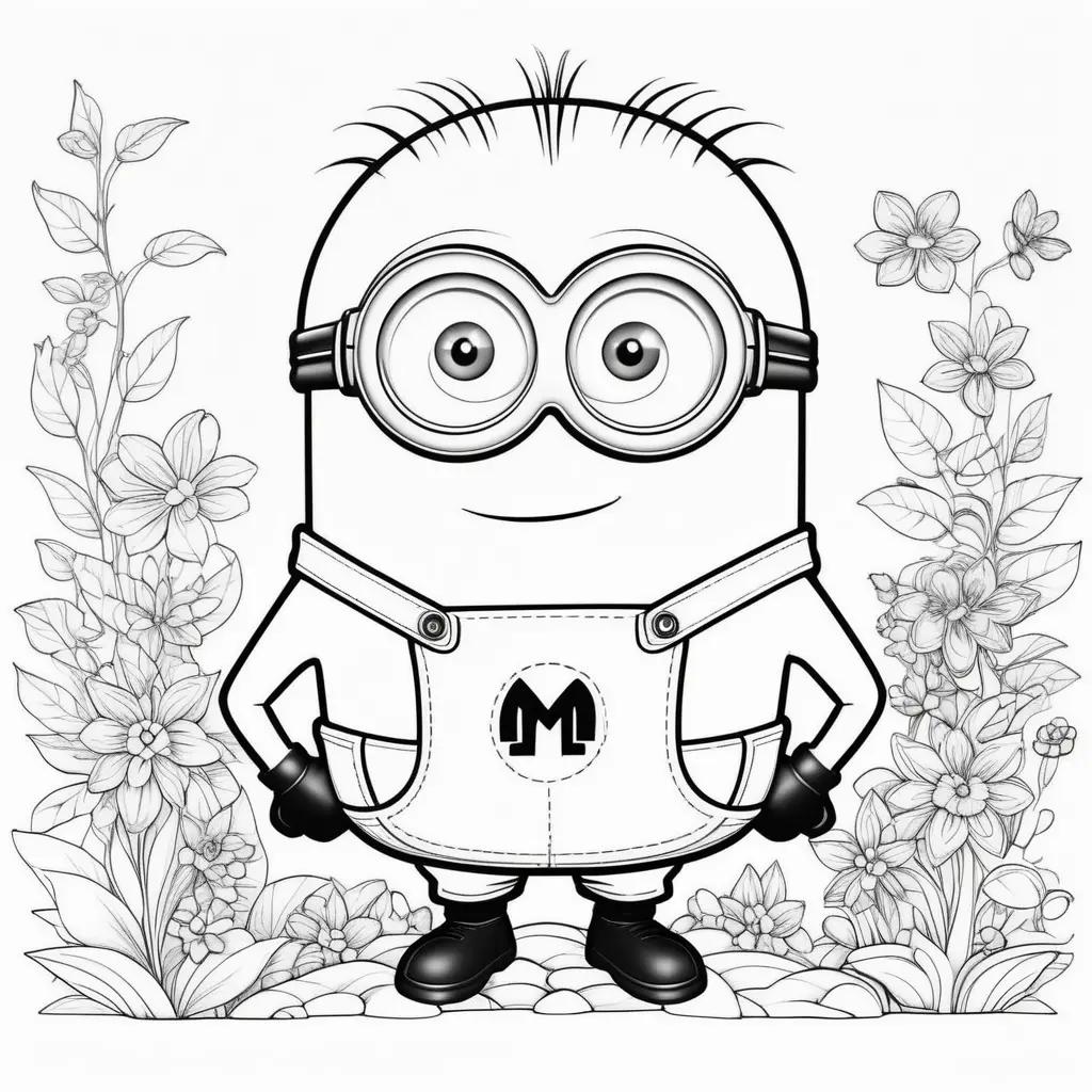 minion coloring page with flowers and a M logo