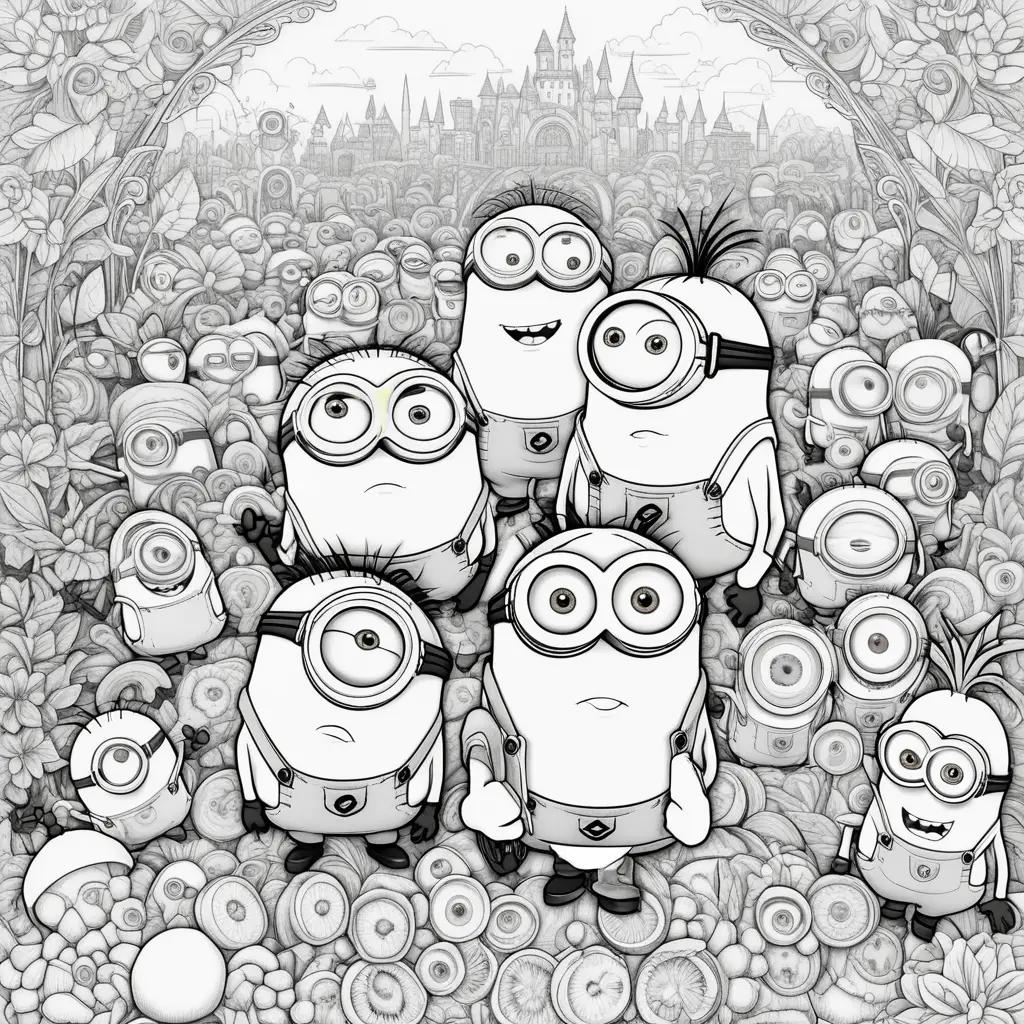 minions coloring page features a castle and various minions