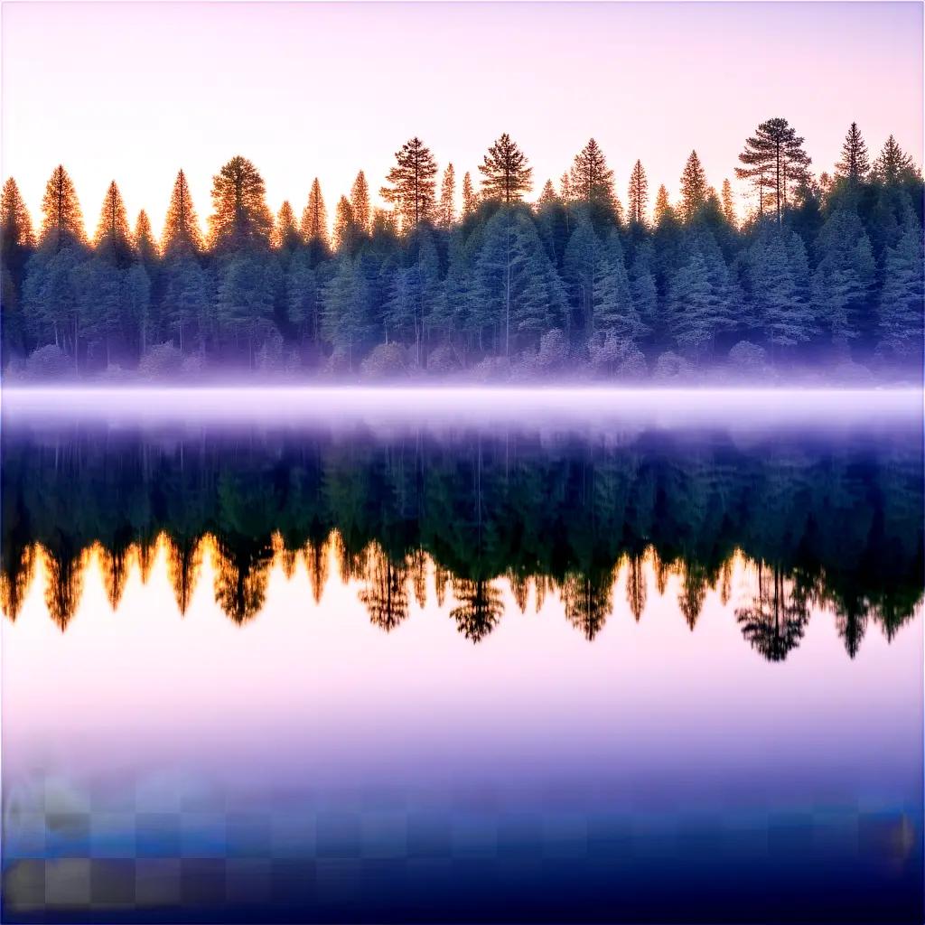 misty lake with trees and a reflection of the sky