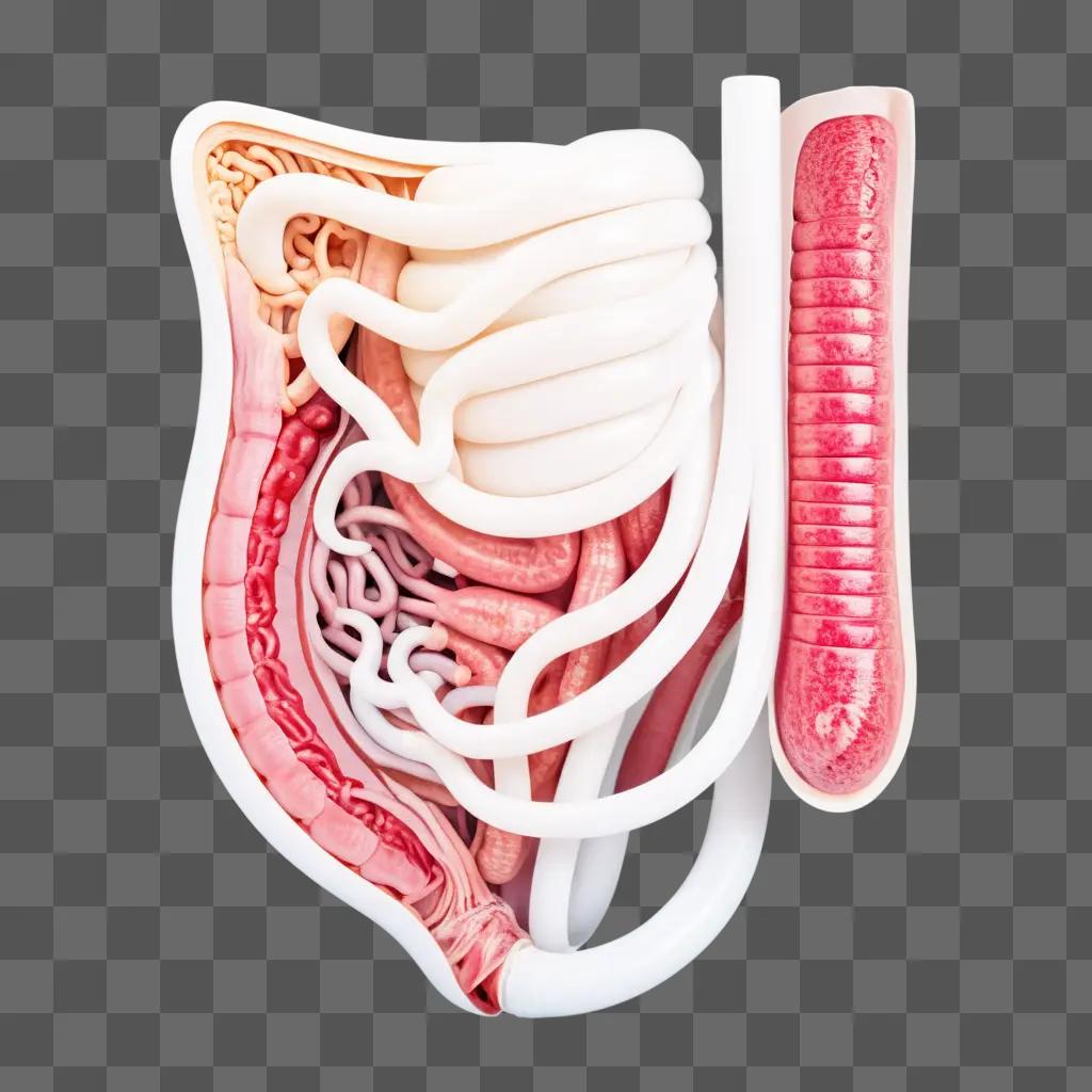 model of human intestines with a red sausage inserted