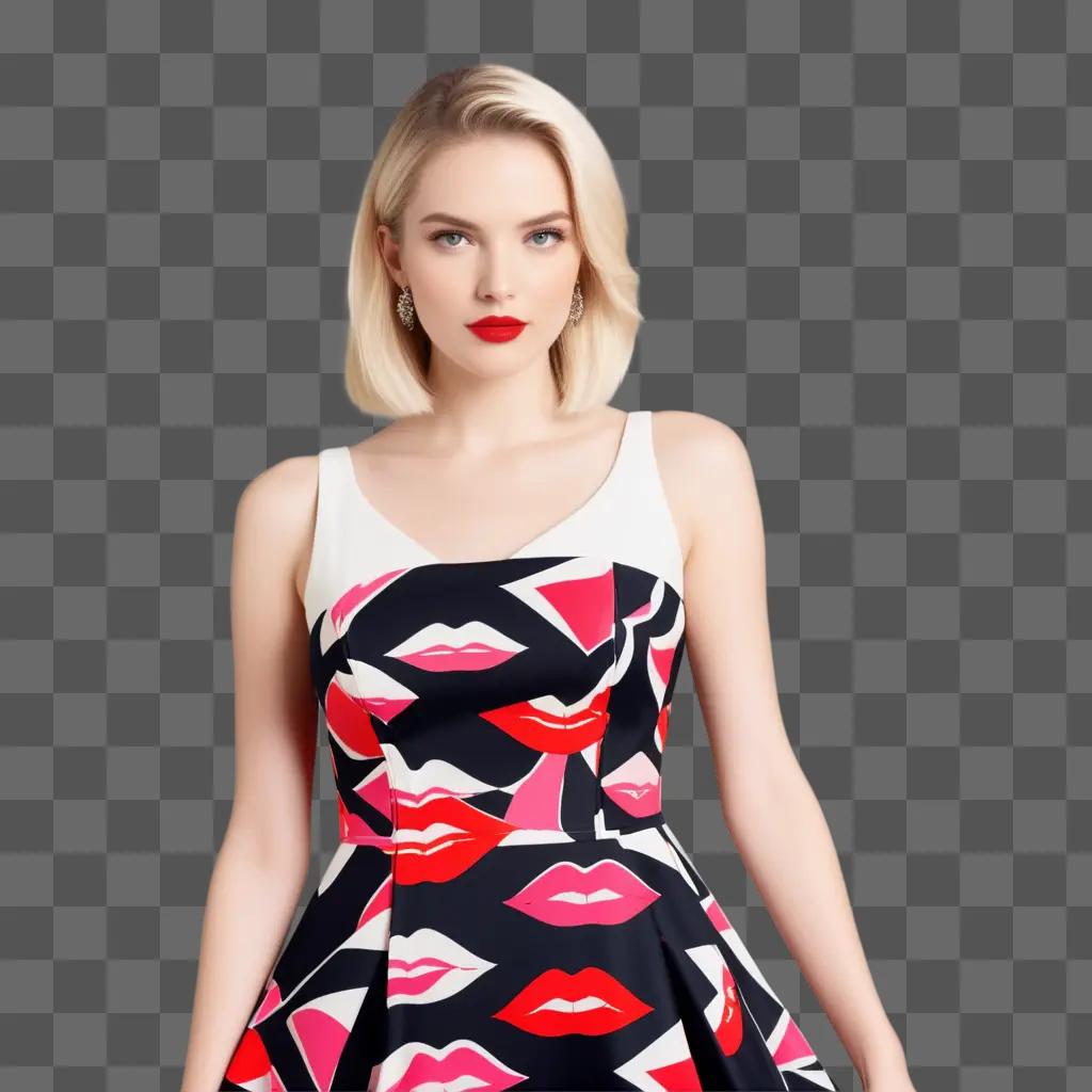 model poses in a lipstick print dress