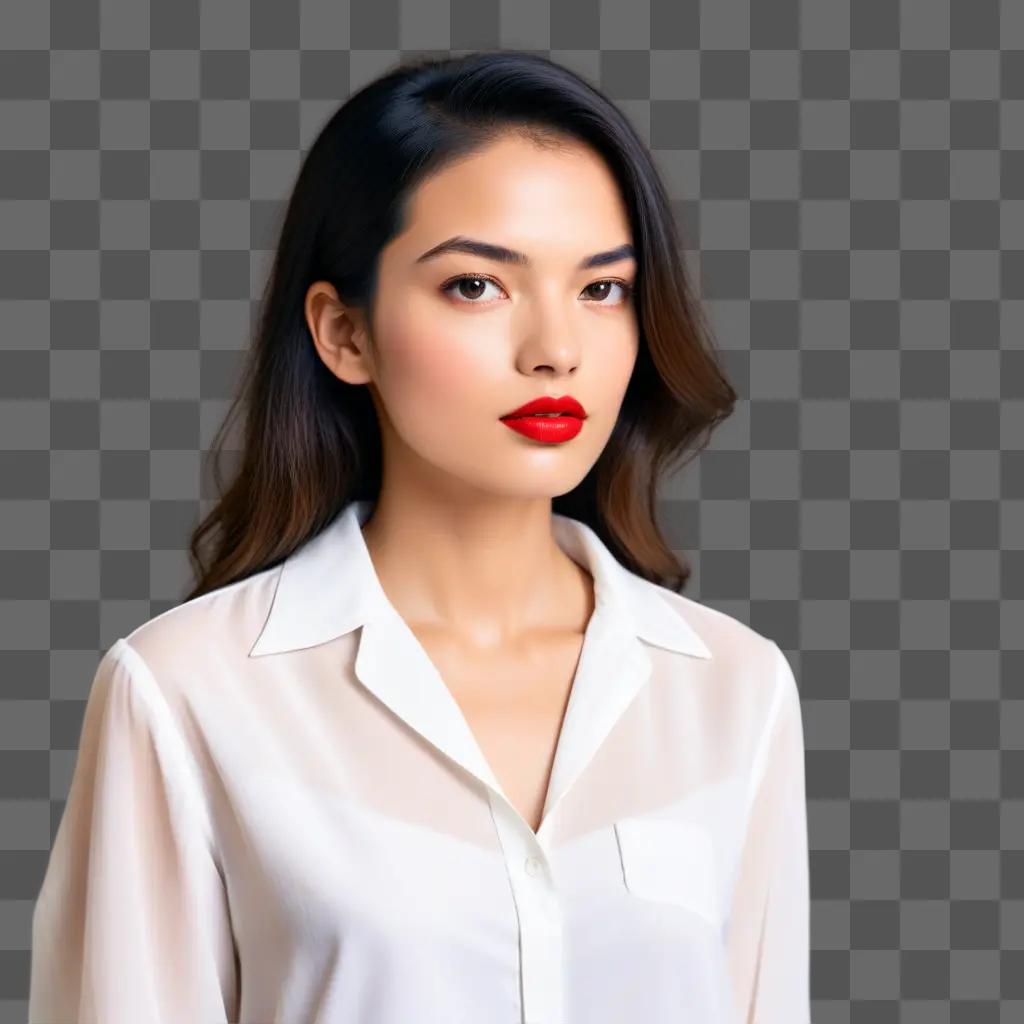 model wearing a white shirt and lipstick stain