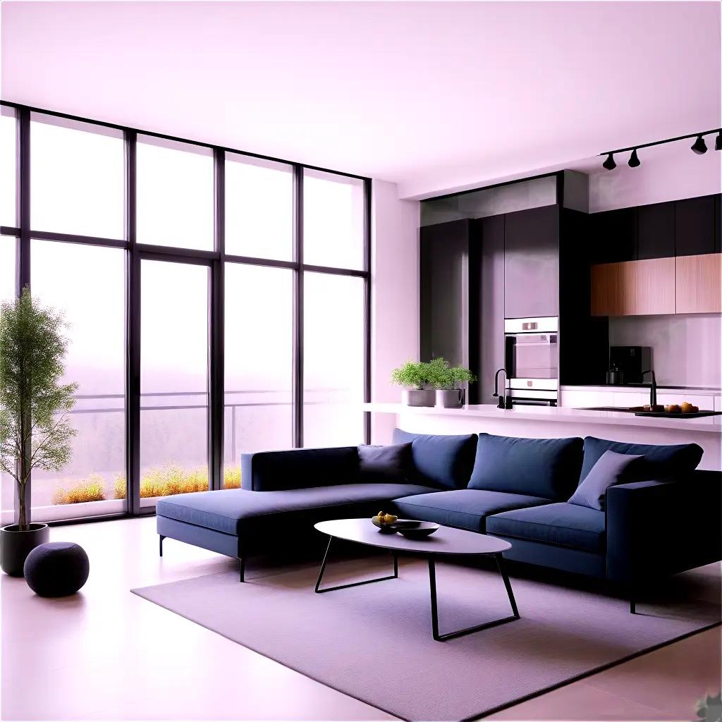 modern apartment with a blue couch and a white coffee table