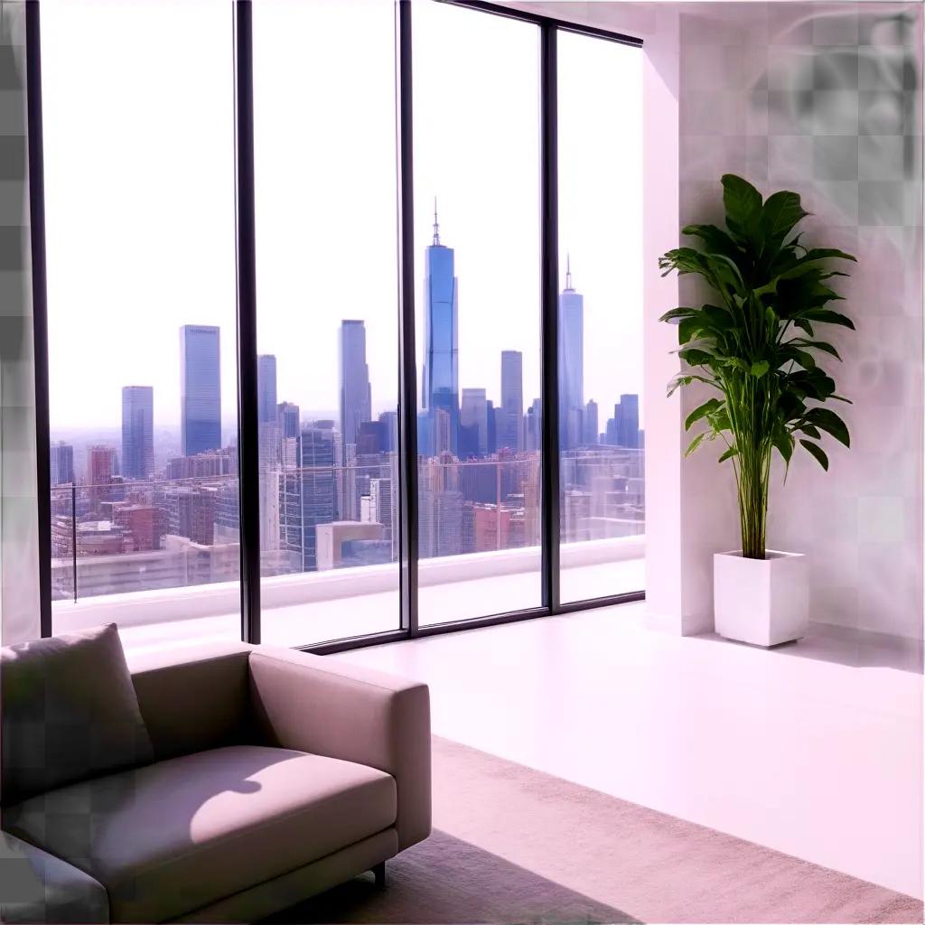 modern apartment with a city view and a plant