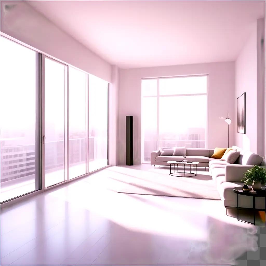 modern apartment with large windows and a couch