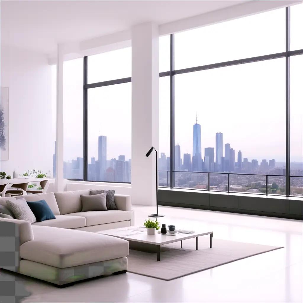 modern apartment with large windows and white furniture