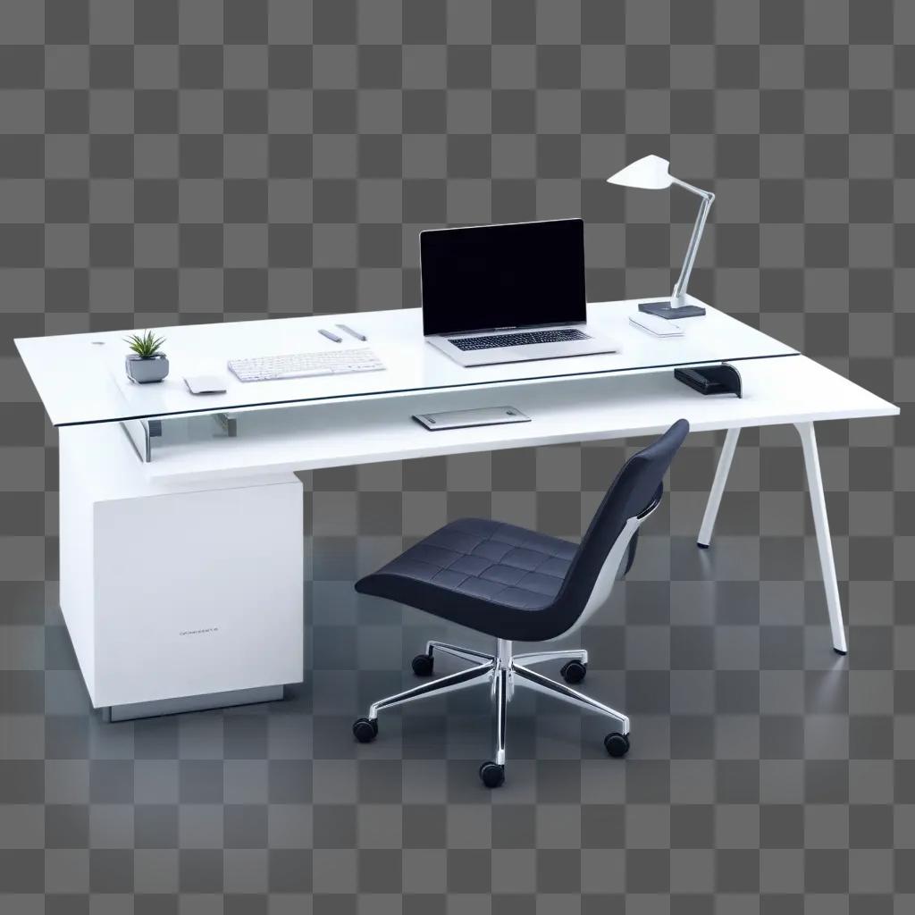 modern desk with a chair, laptop, and plant