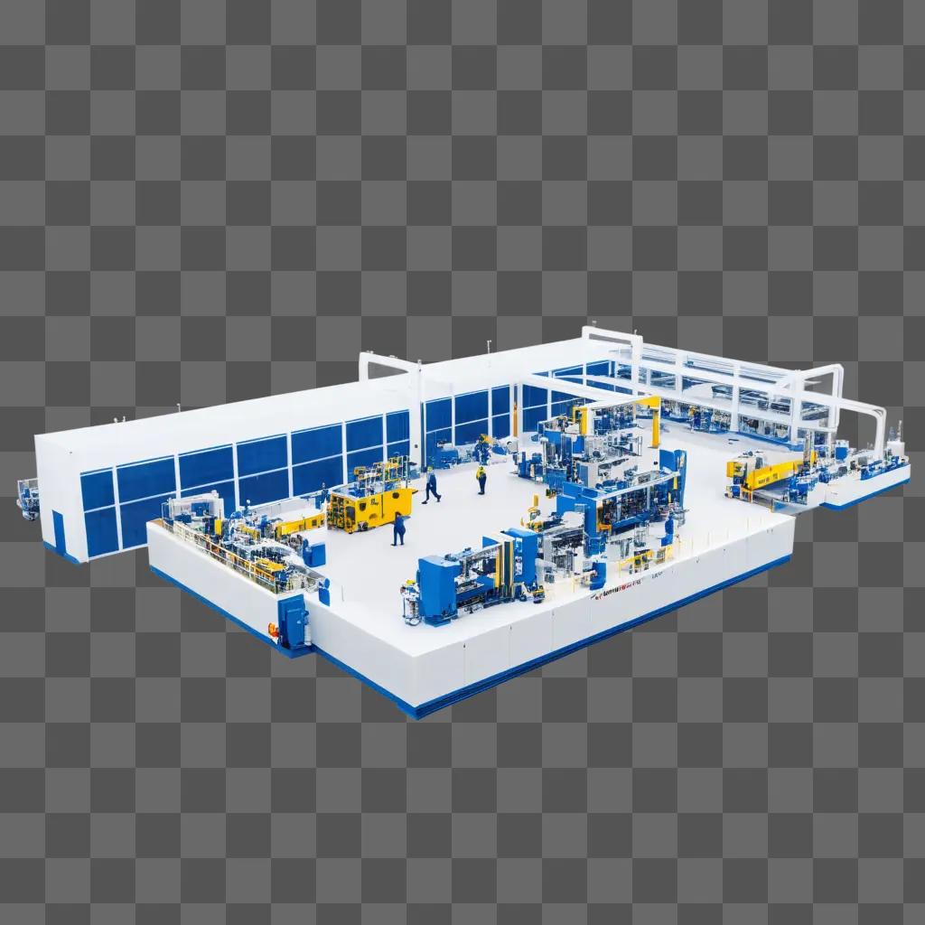 modern factory with assembly line in a blue and white setting