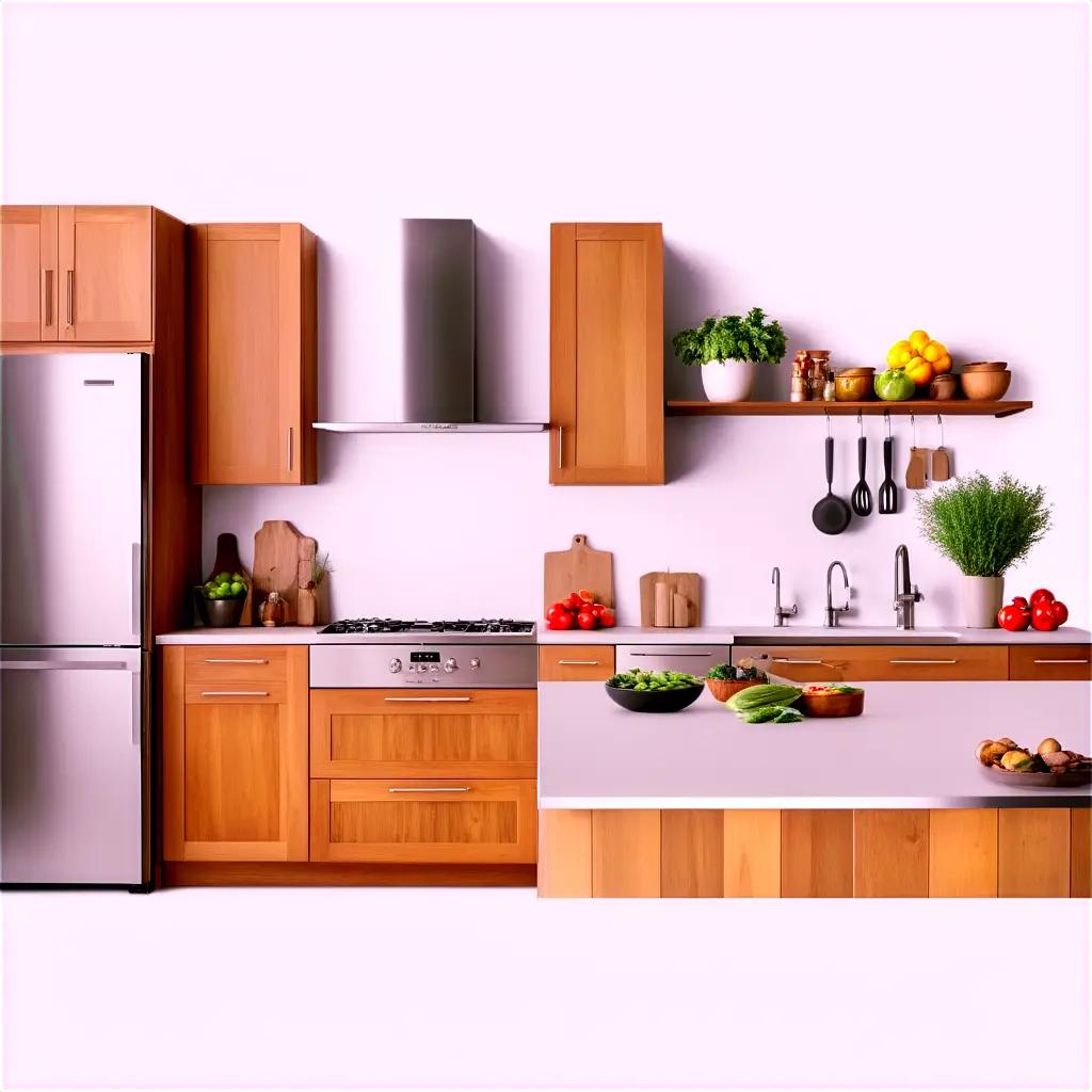 modern kitchen with wooden cabinets and stainless steel appliances