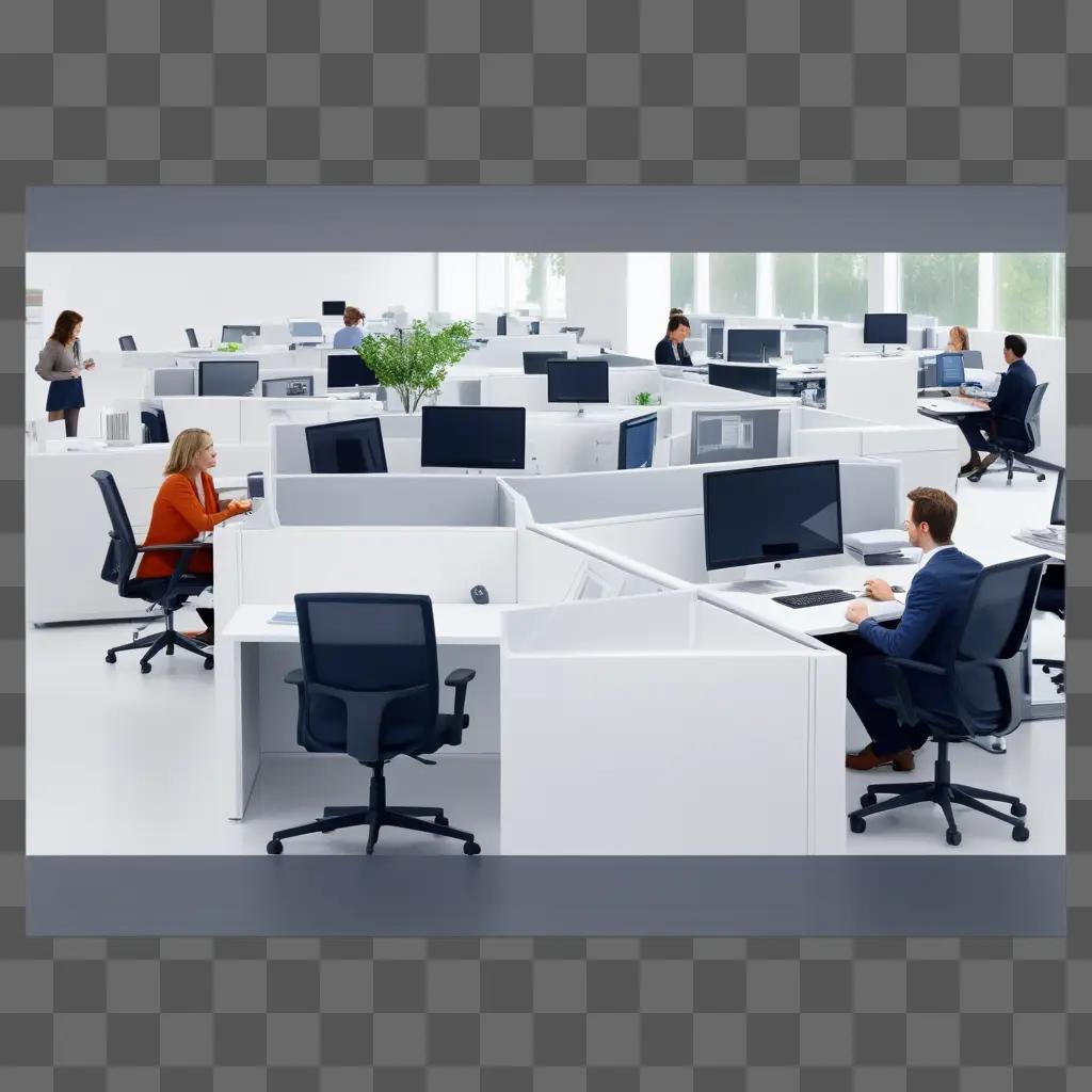 modern office with white cubicles and chairs