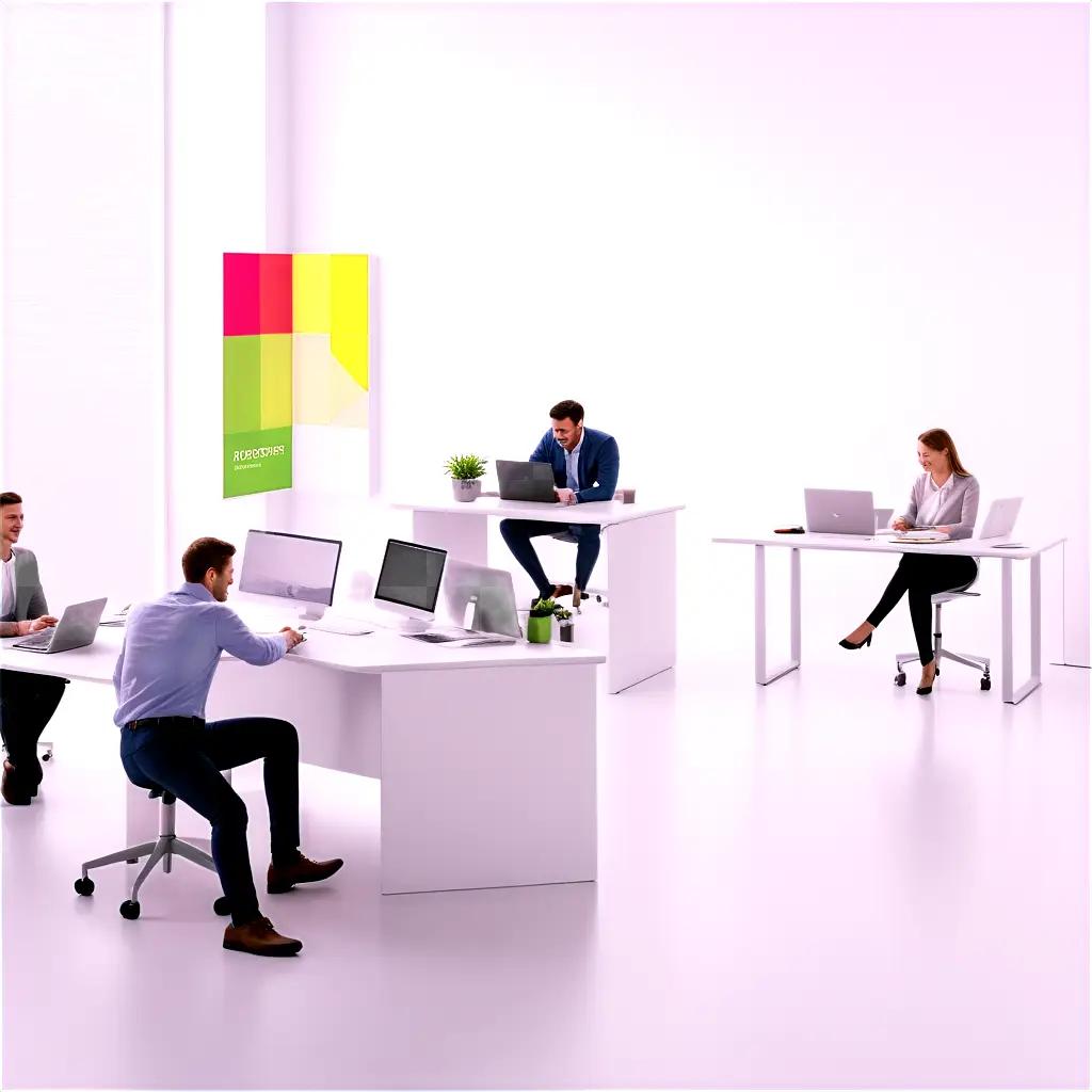 modern workspace with people sitting at white desks