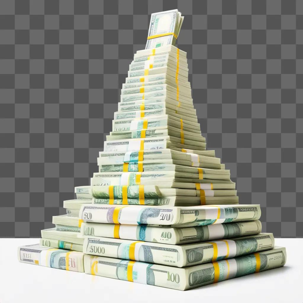 money stack rises above a pile of bills