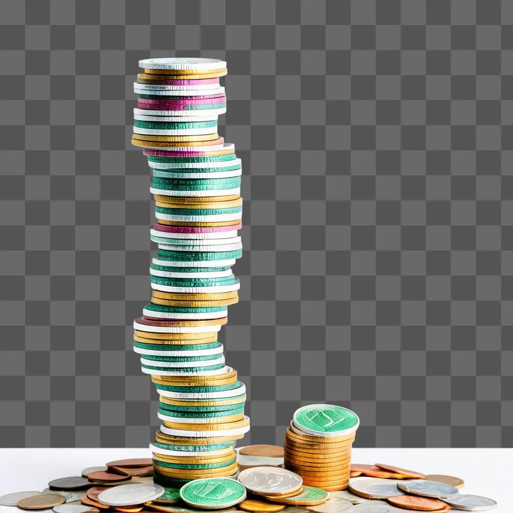 money stack with coins and colored coins