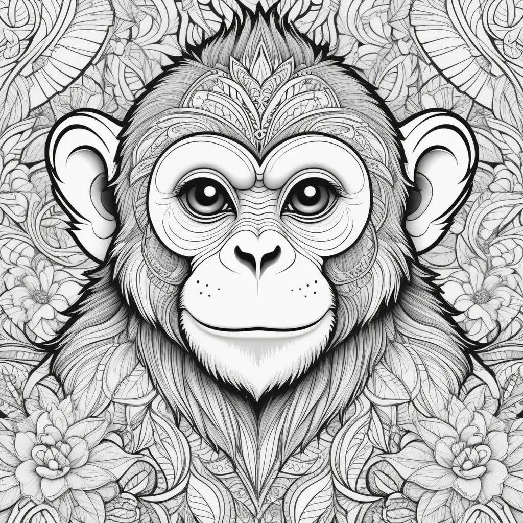 monkey coloring page with a variety of flowers