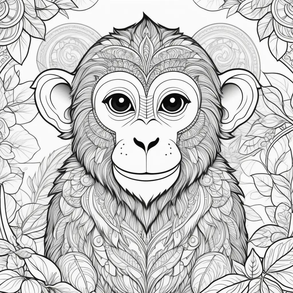 monkey coloring page with intricate patterns and leaves