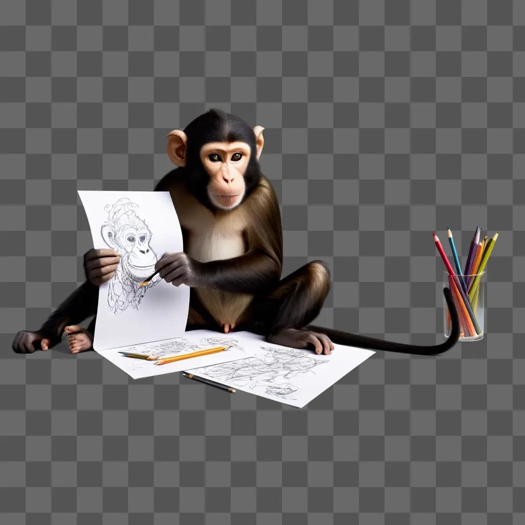 monkey drawing a sketch on paper with colored pencils