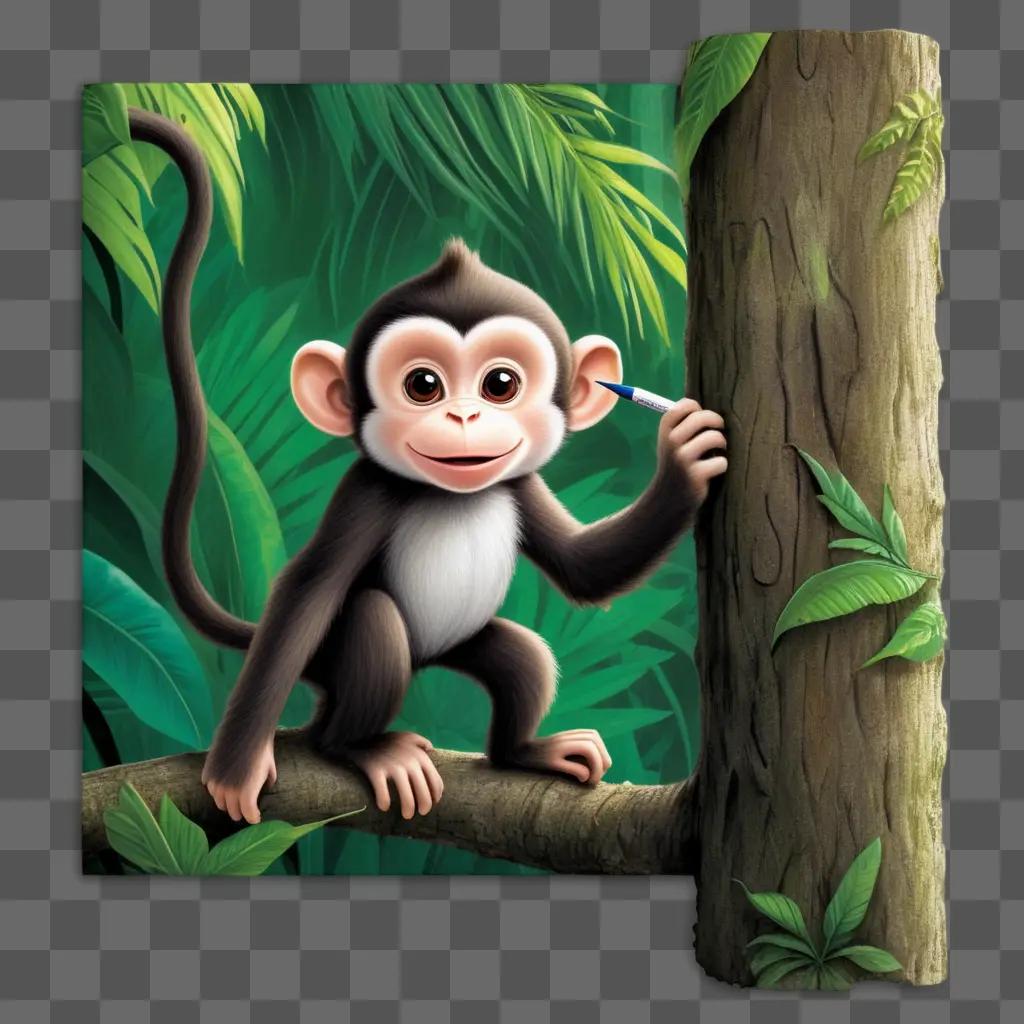 monkey draws a picture of himself on a tree