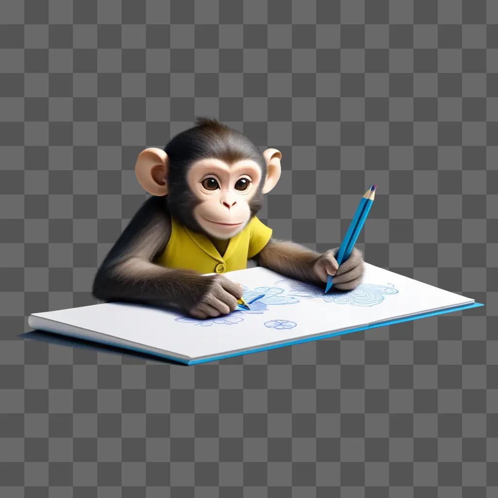 monkey is drawing a sketch with a blue pencil