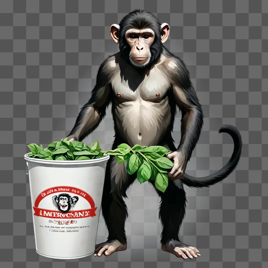 monkey outline A monkey holding a bucket of green leaves