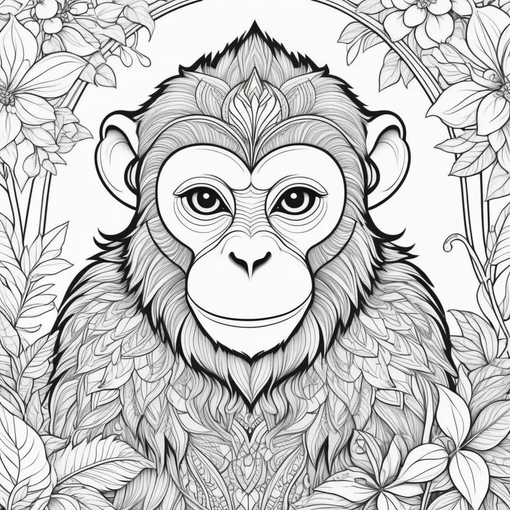 monkey with a crown coloring page with leaves and flowers